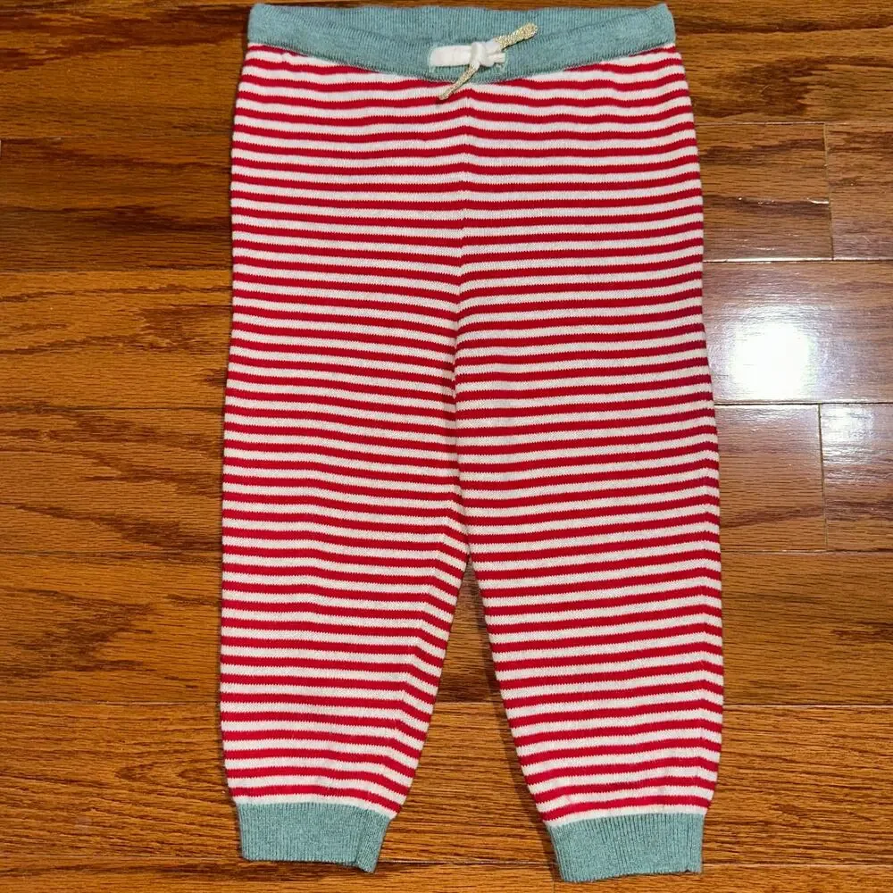Baby Boden Red White Striped Knit Cotton Pull On Unisex Pants Size 12-18M